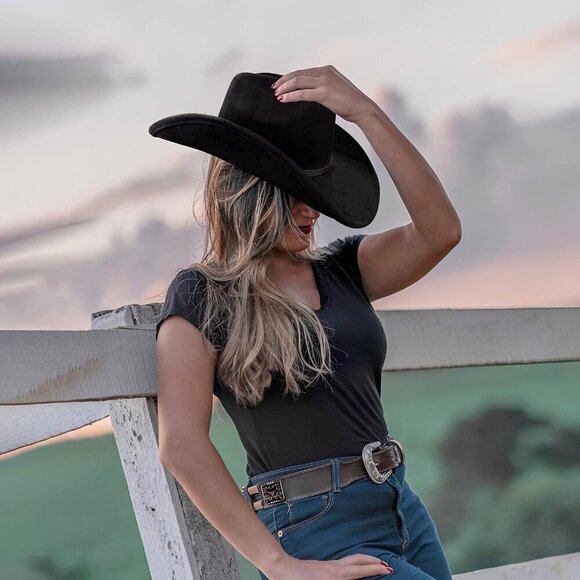 ? Women Raven Black Cowgirl Shape Able Wide Brim Felt Cattleman Western Hats main image 5